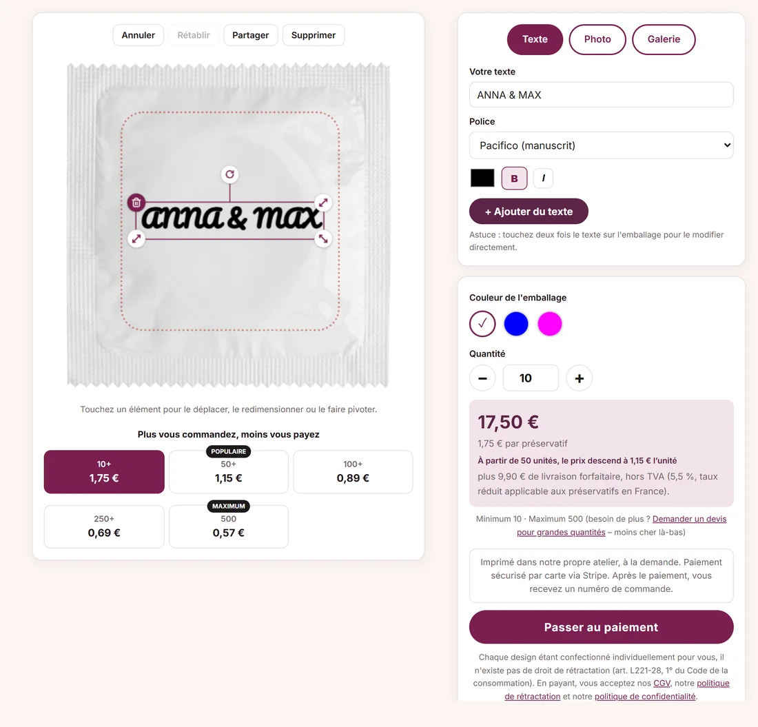The online condom designer showing a custom wrapper with a live text preview, colour choices and quantity pricing