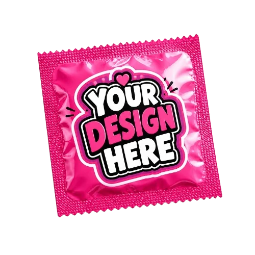 Condom wrapper printed with the words Your Design Here