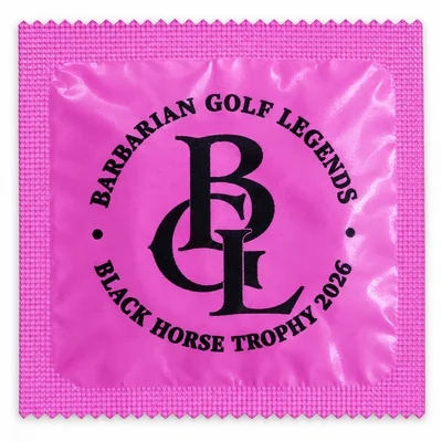 Emballage de préservatif imprimé avec le monogramme d'une association de golf sur fond rose