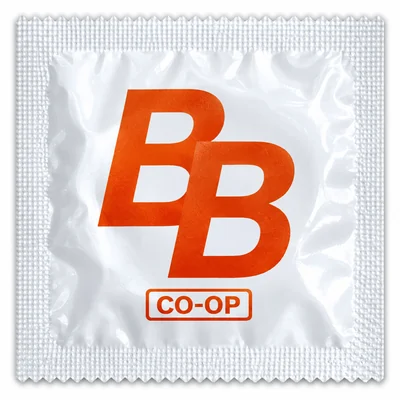 Condom wrapper printed with an orange co-op logo