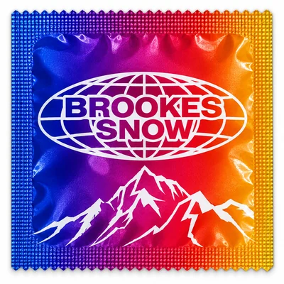 Condom wrapper printed with a rainbow gradient and a mountain logo