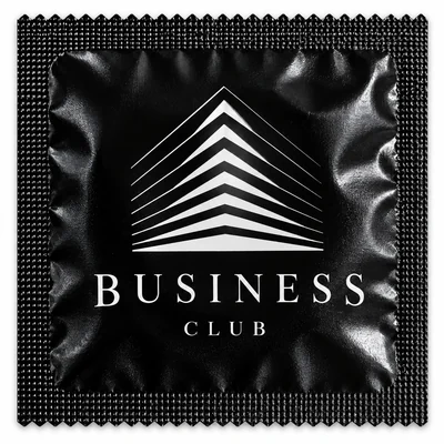 Condom wrapper printed with a members' club logo on black foil