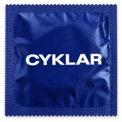 Condom wrapper printed with a brand wordmark on blue foil