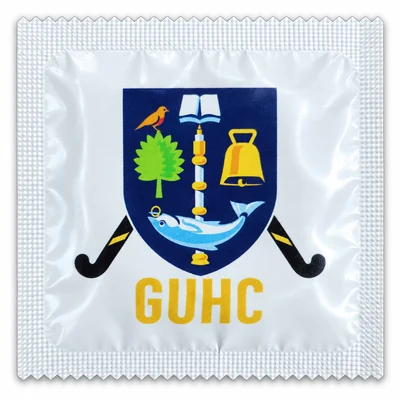 Condom wrapper printed with a hockey club crest